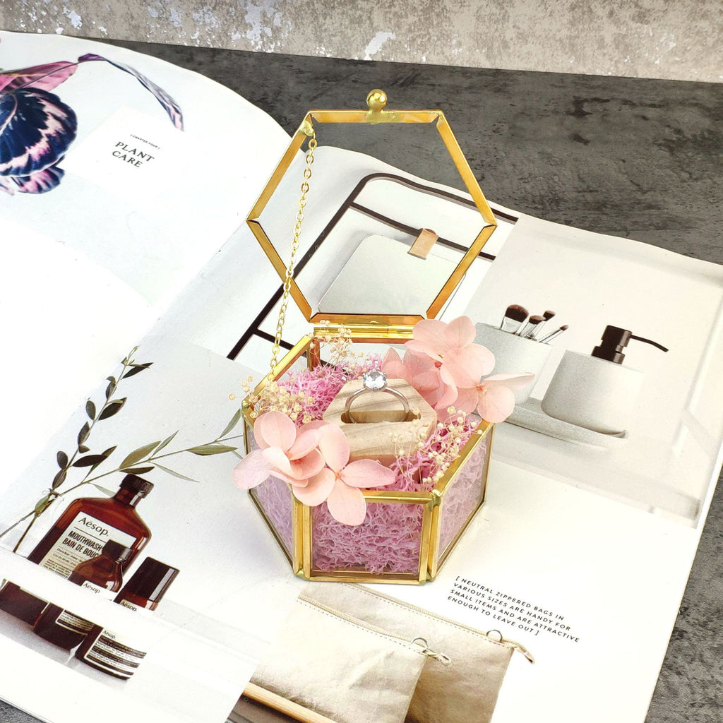 Mini Gold Hexagon Glass Flower Jewellery Ring Box