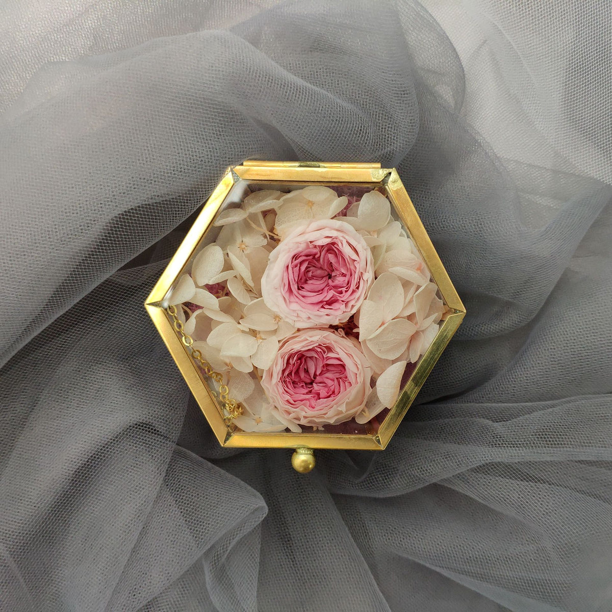 Mini Gold Hexagon Glass Flower Jewellery Ring Box