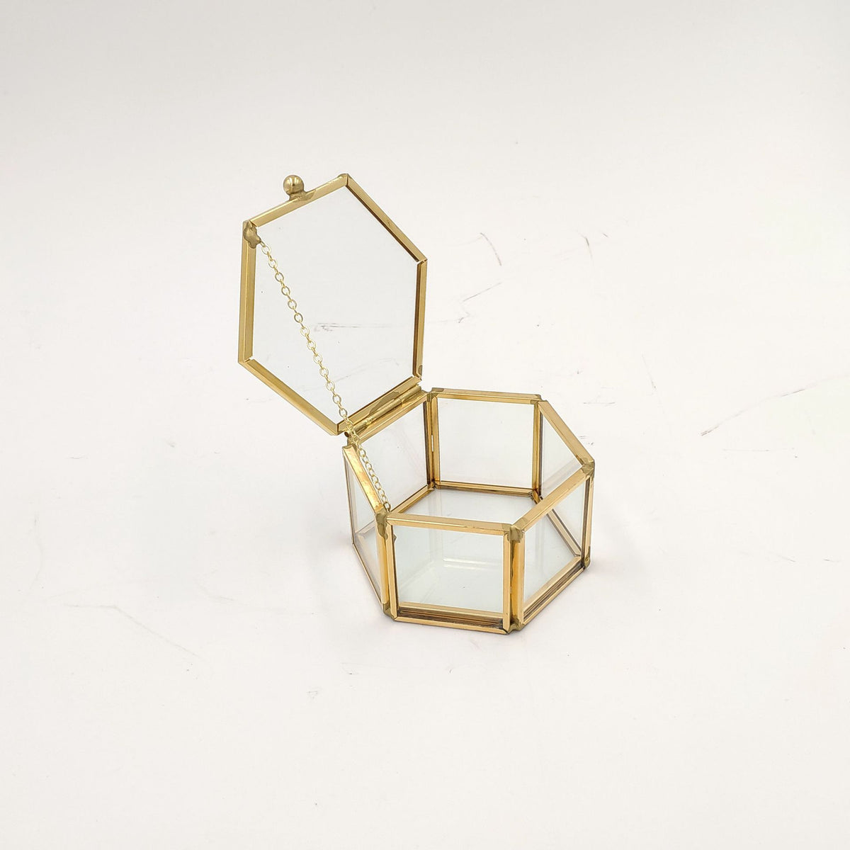 Mini Gold Hexagon Glass Flower Jewellery Ring Box