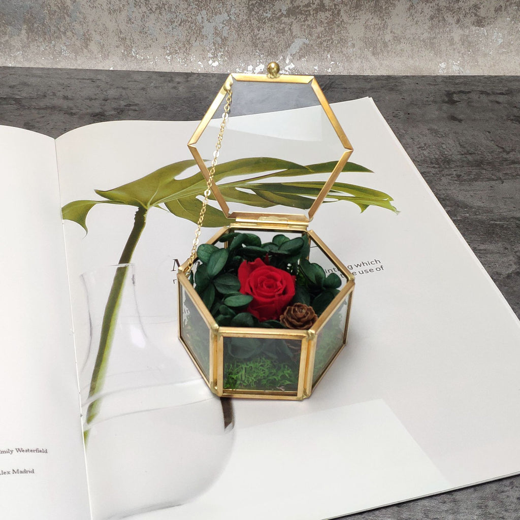 Mini Gold Hexagon Glass Flower Jewellery Ring Box