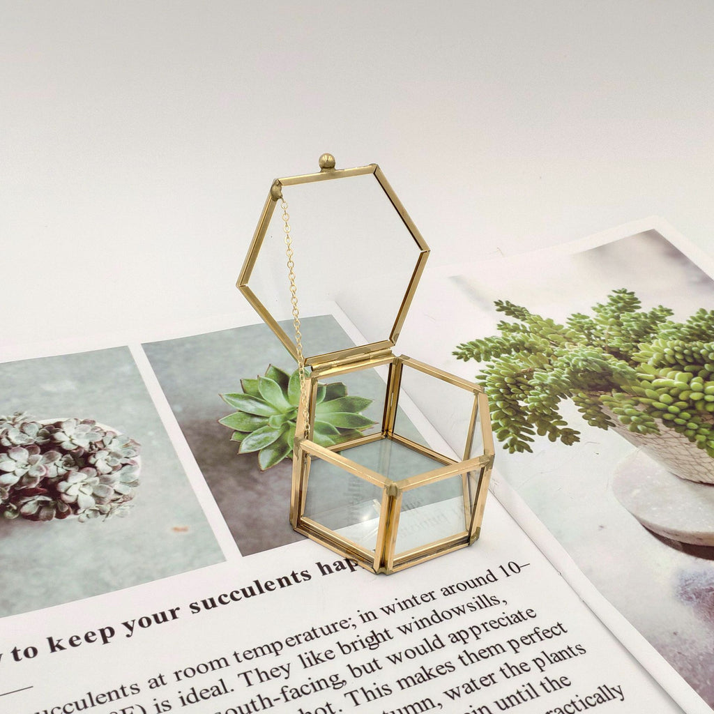 Mini Gold Hexagon Glass Flower Jewellery Ring Box