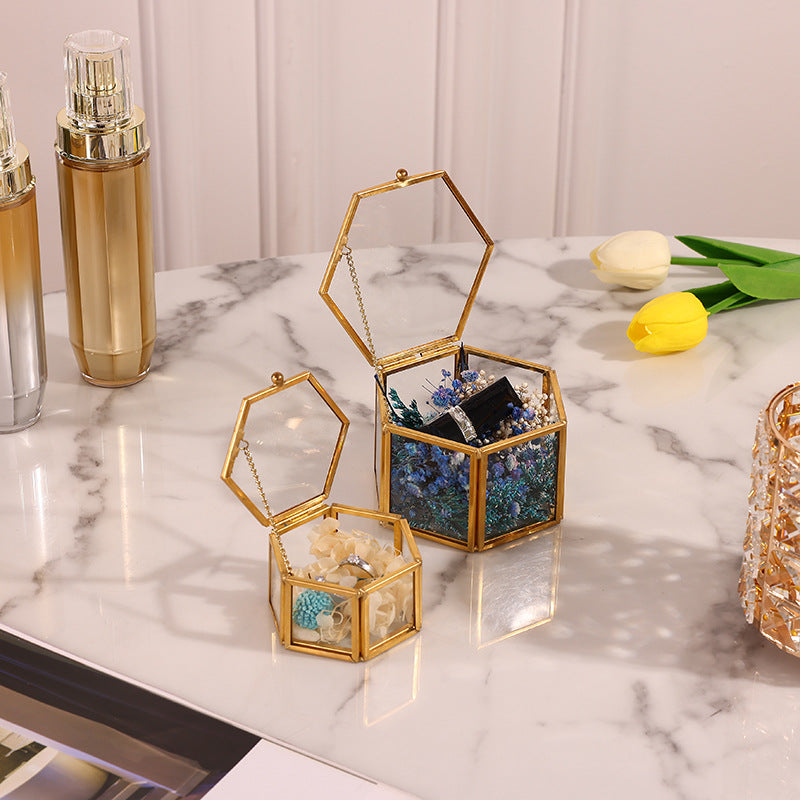 Mini Gold Hexagon Glass Flower Jewellery Ring Box