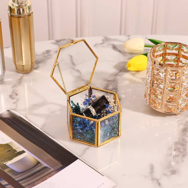 Mini Gold Hexagon Glass Flower Jewellery Ring Box